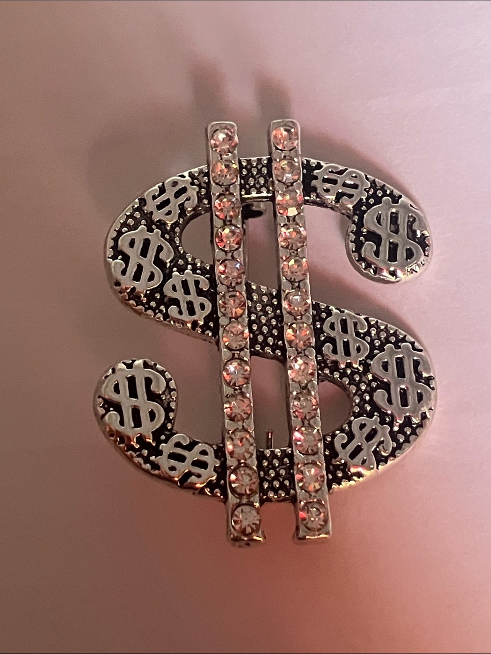 New Sparkling Silver Tone Dollar Sign Brooch with Crystal Accents Big Statement